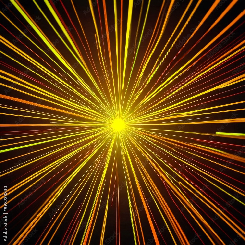 Poster a vibrant, abstract representation starburst, with radiating lines of varying colors and widths agai
