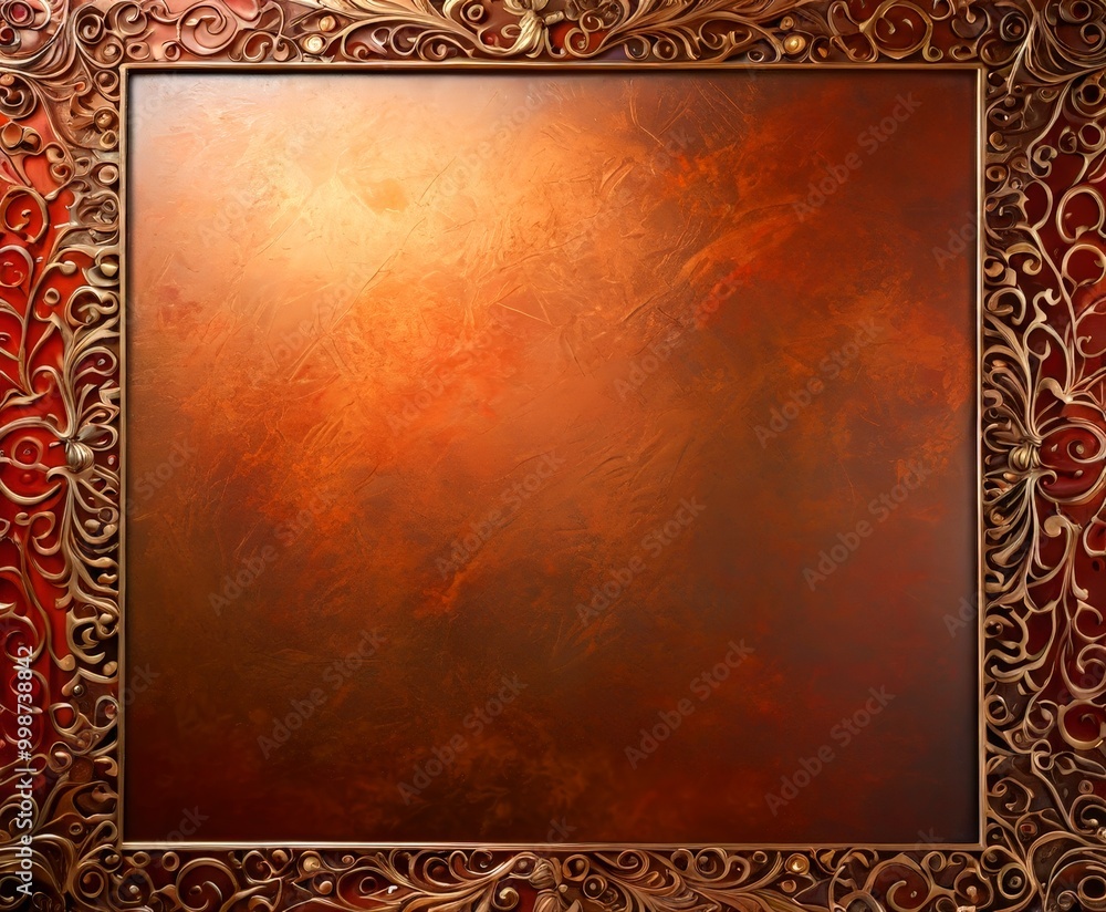 Poster a square frame with a dark brown, textured background and a red border with a gold floral pattern
