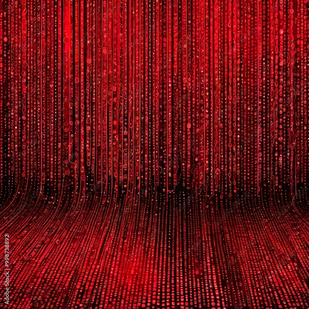 Poster a dark red background with a repeating pattern of vertical lines and dots, creating a striking visual effect