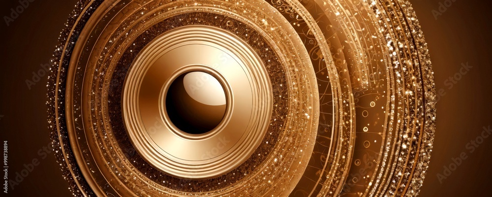 Poster a golden circular object with a reflective center, surrounded by concentric circles of varying sizes and a dark background with a subtle glittering effect