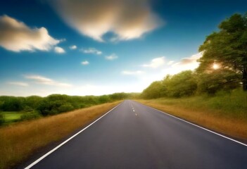 Obraz premium A long, straight road stretches out into the distance, flanked by lush green trees and a vibrant blue sky dotted with fluffy white clouds.