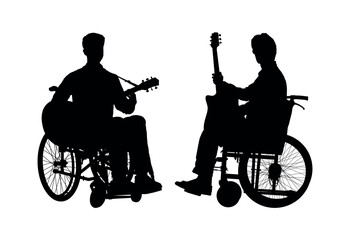 Two musicians in wheelchair playing accoustic guitars together black silhouette.