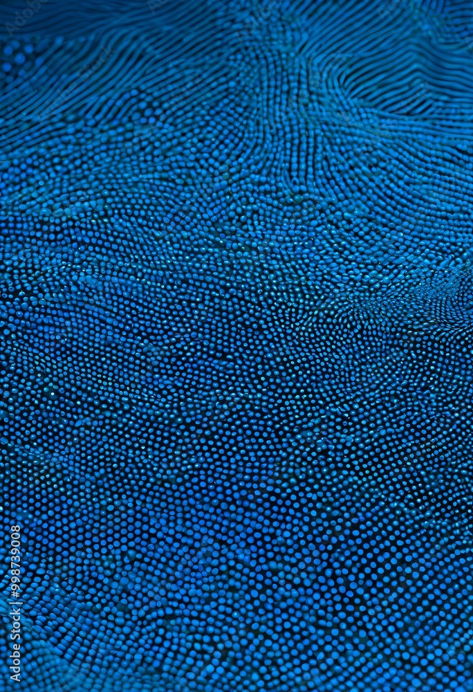 Poster a close-up view textured surface with a pattern of small blue dots arranged in a random, overlapping manner, creating a sense of depth and movement