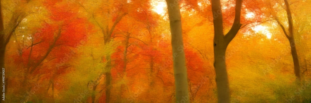 Poster a dense forest with trees displaying vibrant autumn colors, creating a warm and serene atmosphere