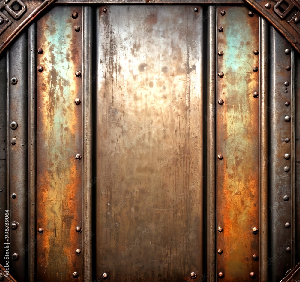 Poster a close-up view rusted metal surface with a textured, weathered appearance The metal is composed of vertical bars, each adorned with a series of rivets and studs, creating
