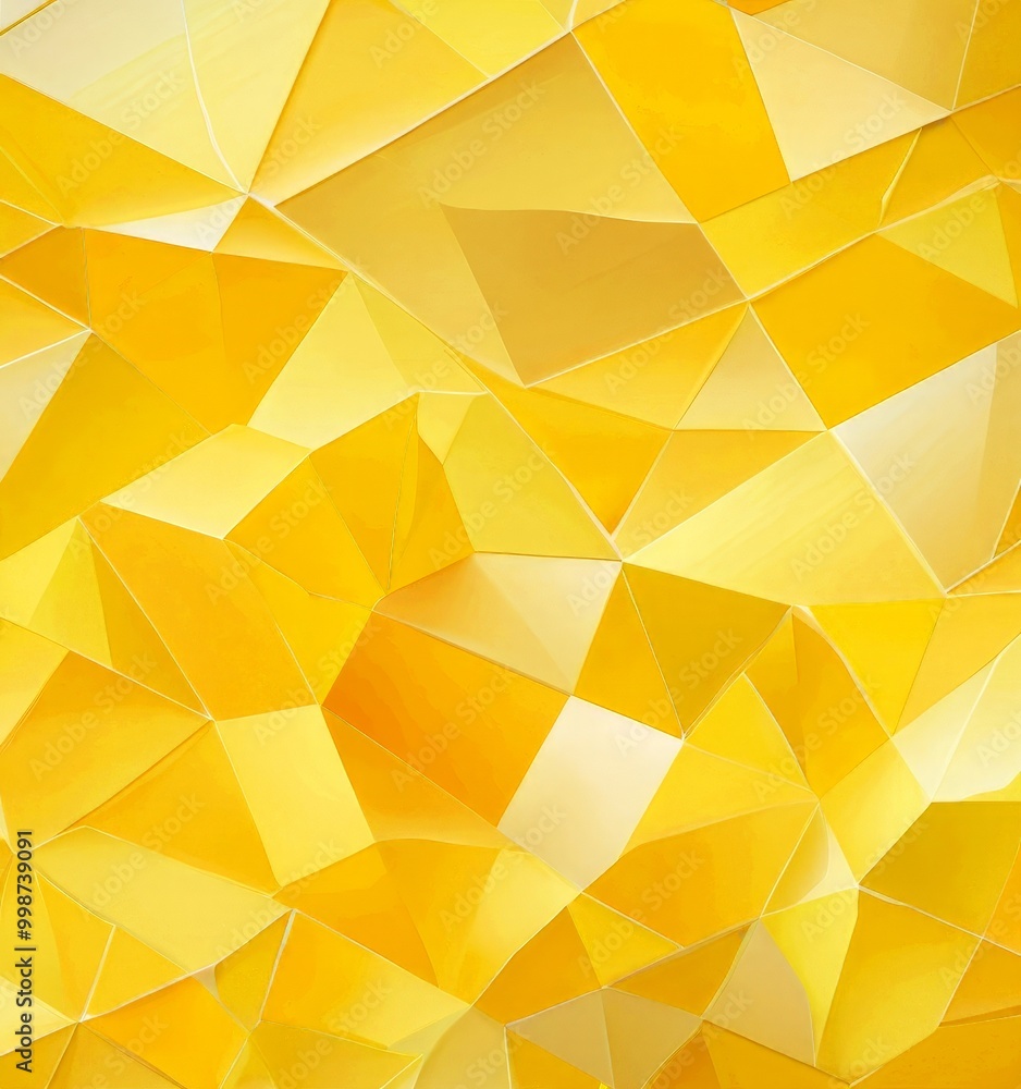 Poster a digital illustration vibrant, abstract pattern composed of numerous overlapping triangular shapes in various shades of yellow, creating a dynamic and