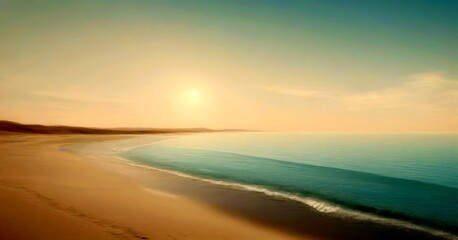 Fototapeta premium A serene beach scene with a light beige sand, calm turquoise water, and a hazy sky with the sun peeking through