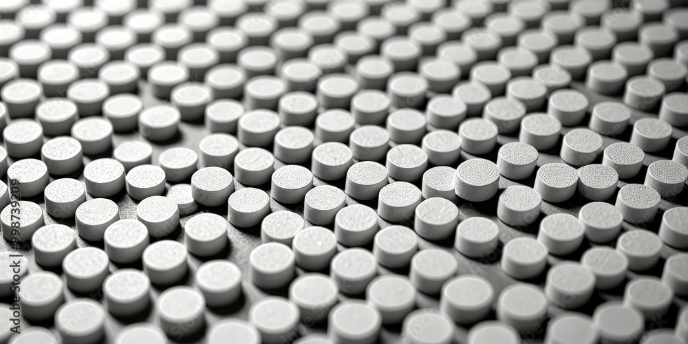 Poster A close-up grid of small, round, gray objects arranged in a repeating pattern