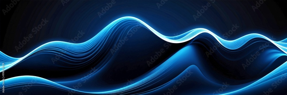 Poster a striking abstract representation of ocean waves, with a gradient of blue and black tones the waves