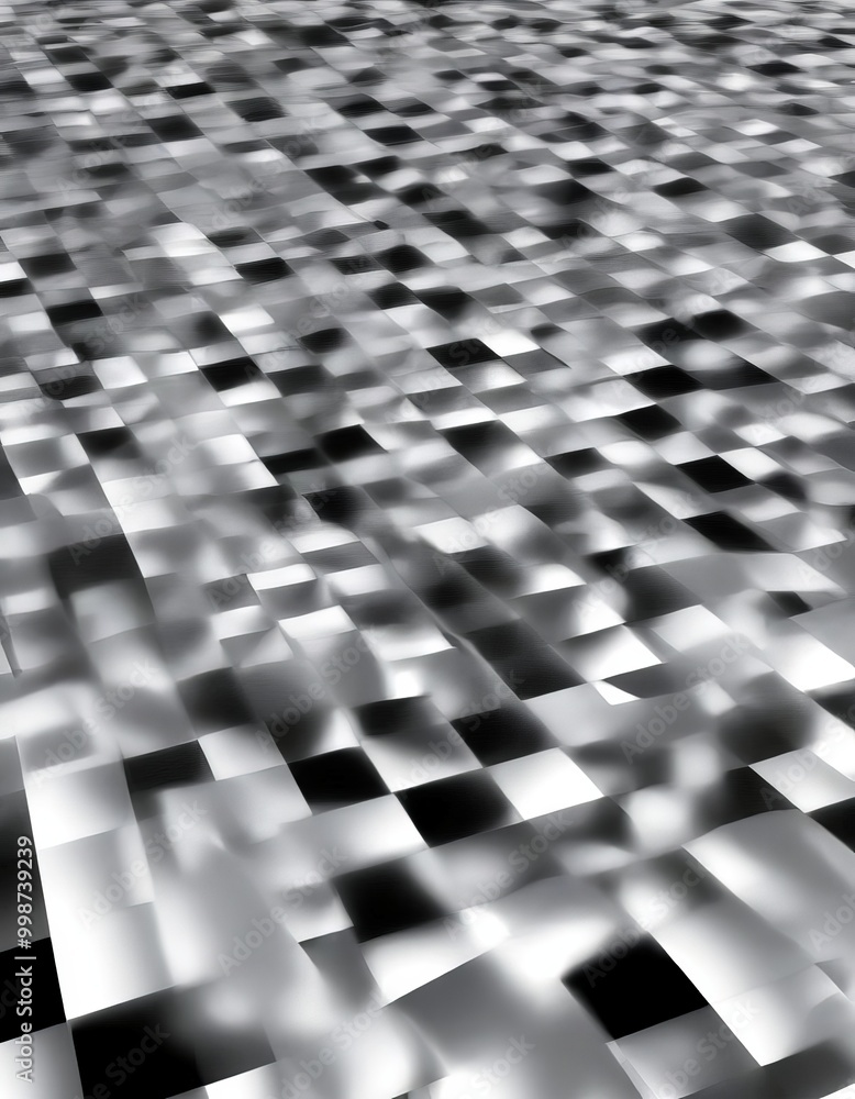 Poster a black and white photograph checkered pattern, with the squares varying in shades of gray and black, creating a visually striking and abstract composition