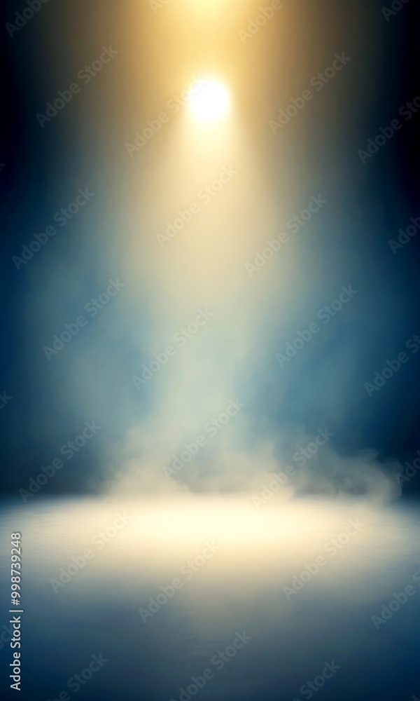 Fototapete A dramatic lighting setup with a spotlight shining down on a dark background, creating a dramatic effect with smoke or fog
