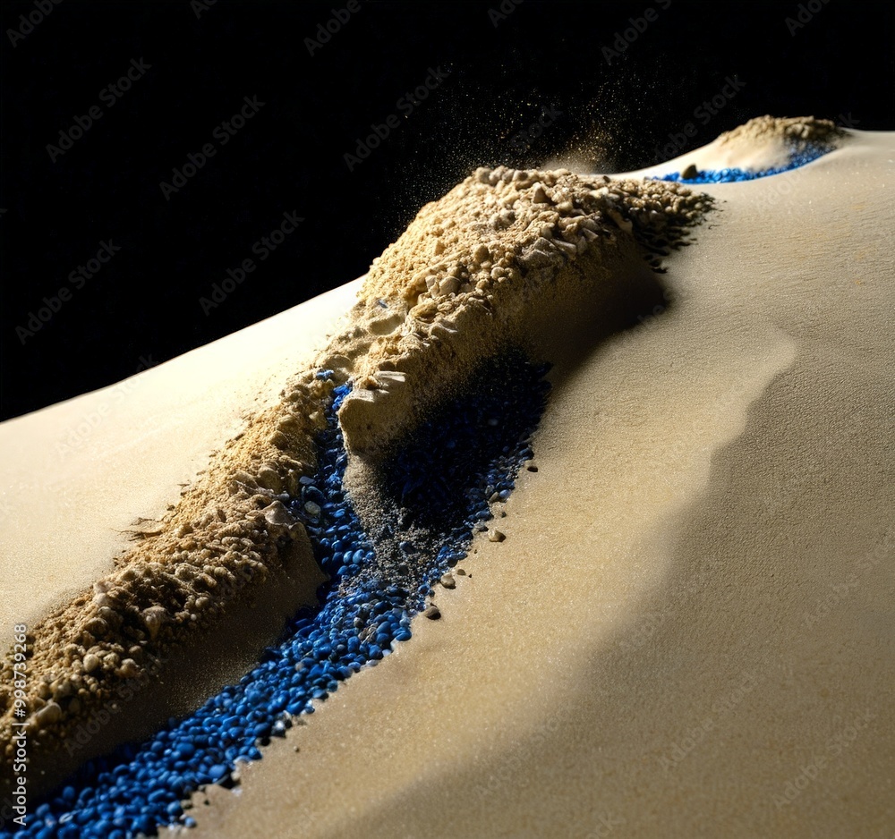 Poster A close-up view sand dune with a blue stream of sand flowing down its side, set against a dark background