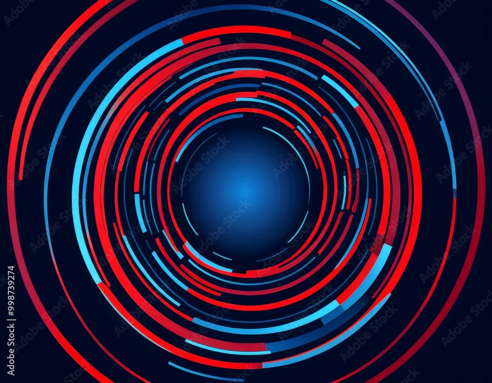 Poster a circular pattern of concentric lines in red, blue, and black, with a central blue circle and a dark blue background