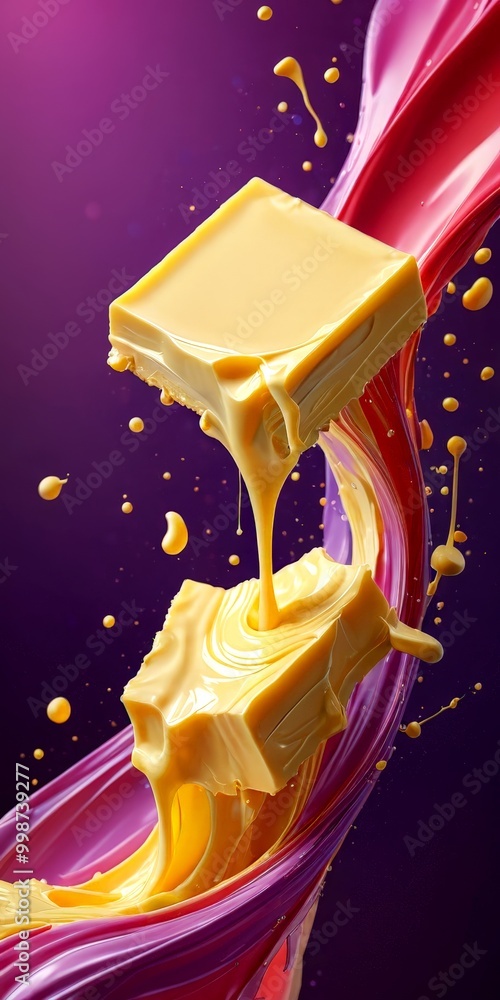 Aufkleber a melting block of yellow cheese, with a vibrant purple and pink swirl of liquid cheese dripping fro