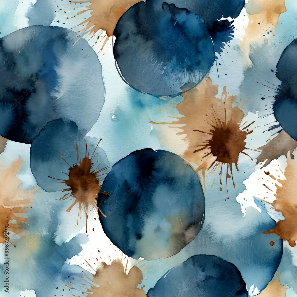 Poster a repeating pattern of abstract watercolor splashes in shades of blue, brown, and white, creating a dynamic and textured composition