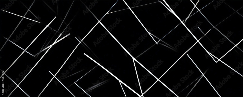 Poster a black and white abstract composition featuring intersecting diagonal lines and thin white lines, creating a sense of depth and movement