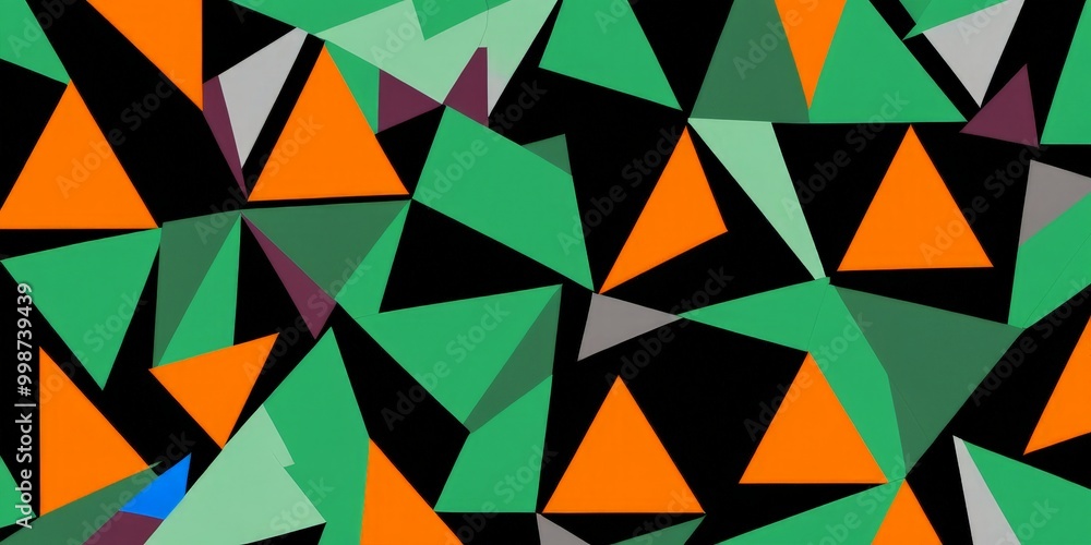 Poster a vibrant abstract pattern composed of various shades of green, orange, and black triangles, creating a dynamic and visually striking composition