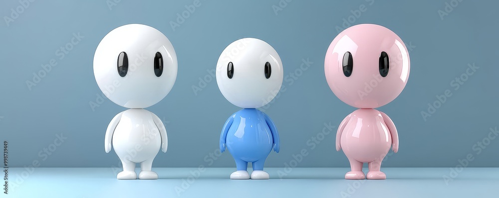 Poster three cute and colorful character figures standing side by side, showcasing a playful and friendly d