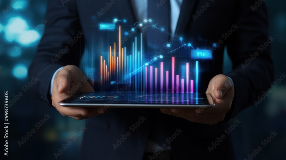 Poster a business professional holding a tablet displaying vibrant data visualizations.