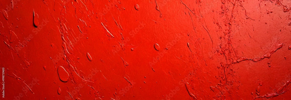 Poster A close-up view red textured surface, with water droplets scattered across it, creating a sense of movement and depth