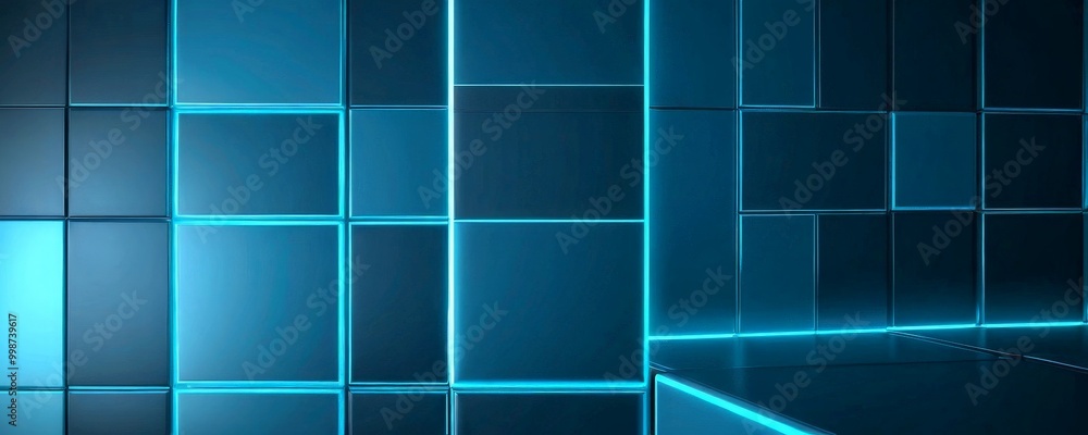 Poster a futuristic room with a grid-like pattern of blue and black rectangular panels, illuminated by a blue light