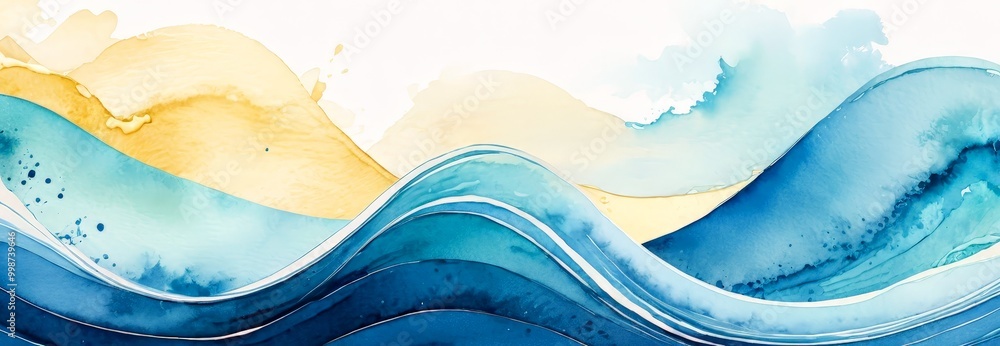 Poster a watercolor painting of ocean waves, with a gradient of blue and yellow hues the waves are depicted