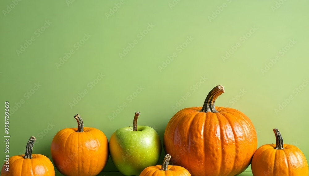 Aufkleber A collection of pumpkins and an apple are arranged against a green background, creating a visually appealing still life composition