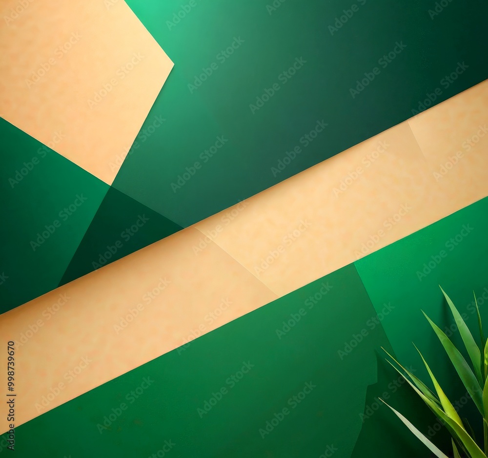 Poster a geometric abstract composition with overlapping shapes in shades of green and beige, creating a sense of depth and movement