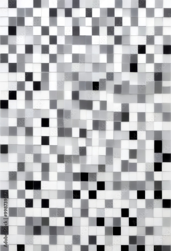 Poster a grid of small square tiles in various shades of gray and black, creating a visually striking pattern