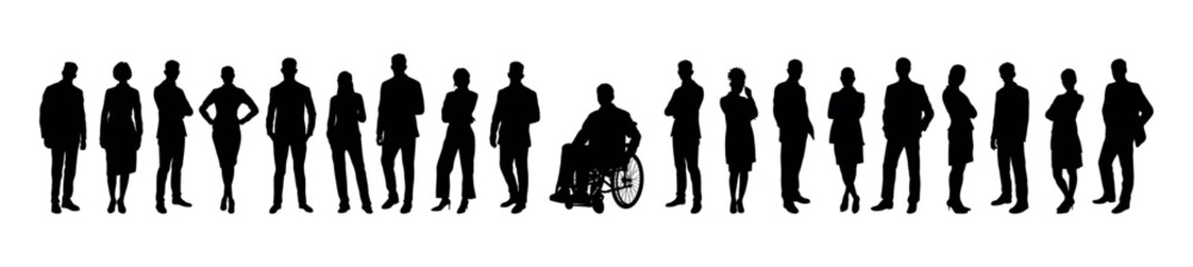Man sitting in wheelchair among large group of people crowd standing in row black silhouette.