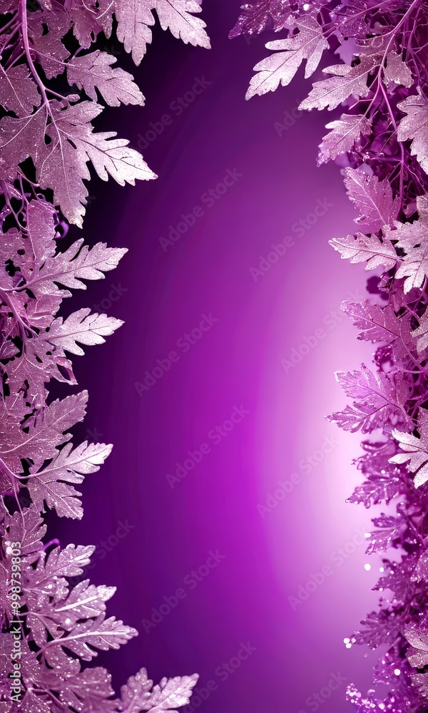 Poster a purple background with a gradient effect, surrounded by a border of white, metallic leaves the lea