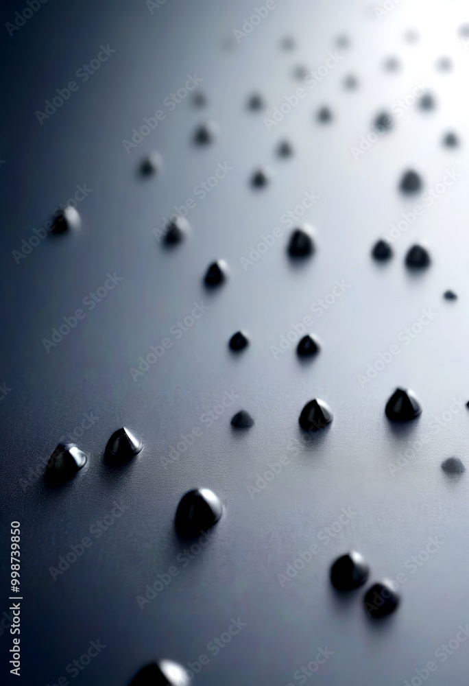 Poster a close-up view textured surface with numerous small, metallic spheres scattered across it, creating