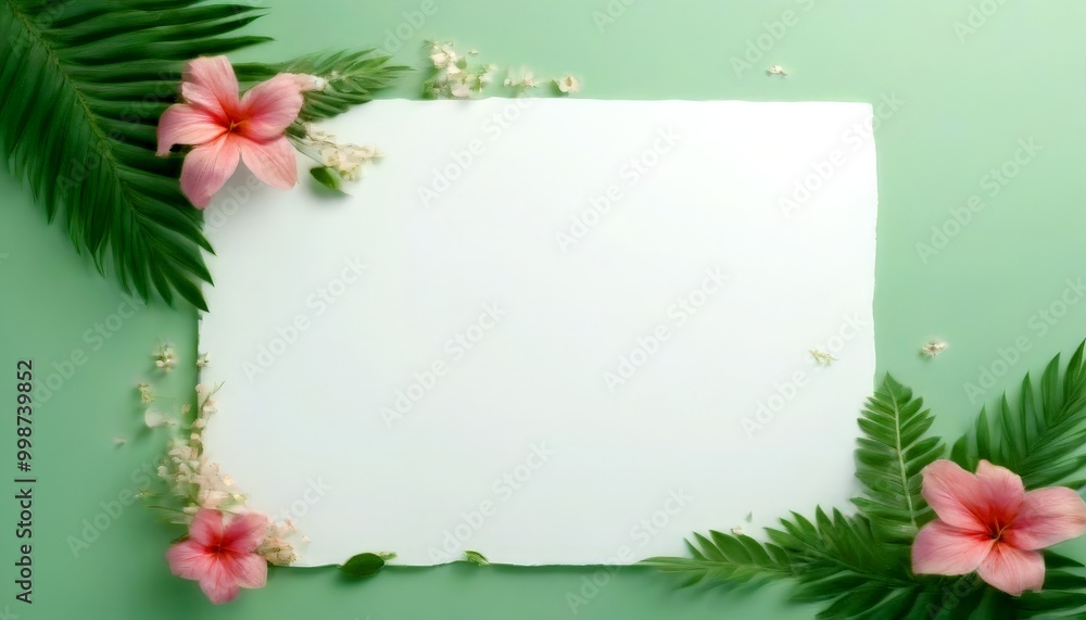 Poster a white square frame with a blank space in the center is surrounded by pink flowers and green leaves
