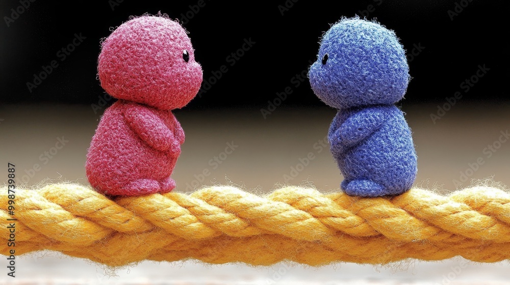 Poster two colorful figurines stand on a rope, symbolizing friendship and connection in a playful and imagi