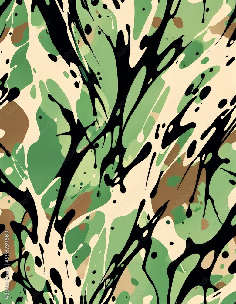 Poster a camouflage pattern with a mix of green, brown, and black colors, creating a dynamic and abstract visual effect