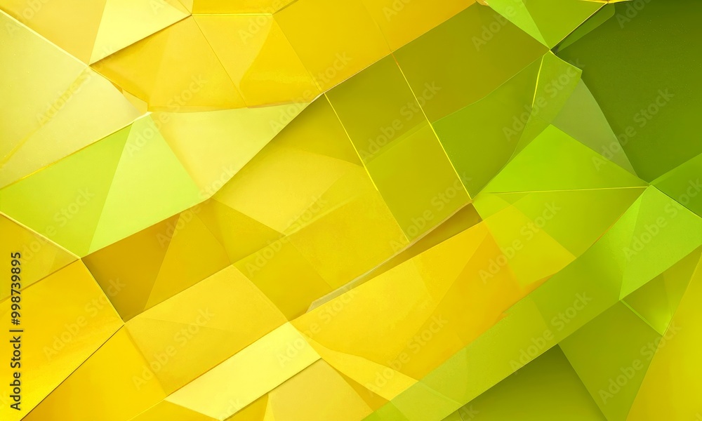 Poster a vibrant abstract composition of overlapping triangular shapes in various shades of yellow and green, creating a dynamic and visually striking pattern