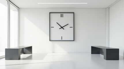Minimalist Modern Room with Large Wall Clock and Black Benches | Sleek Contemporary Interior Design Inspiration