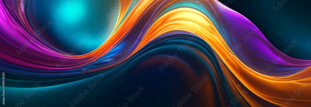 Poster a vibrant abstract composition of curved lines in various colors, including blue, purple, orange, and yellow, creating a dynamic and visually striking pattern