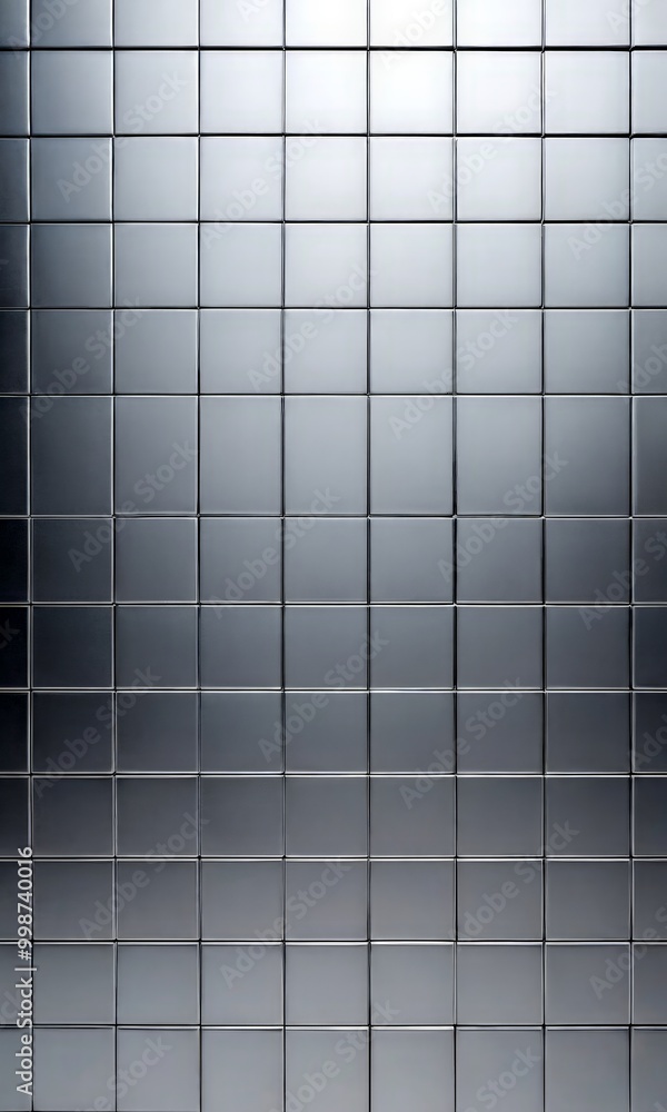 Poster A grid of square tiles in a metallic gray color, creating a uniform and repetitive pattern
