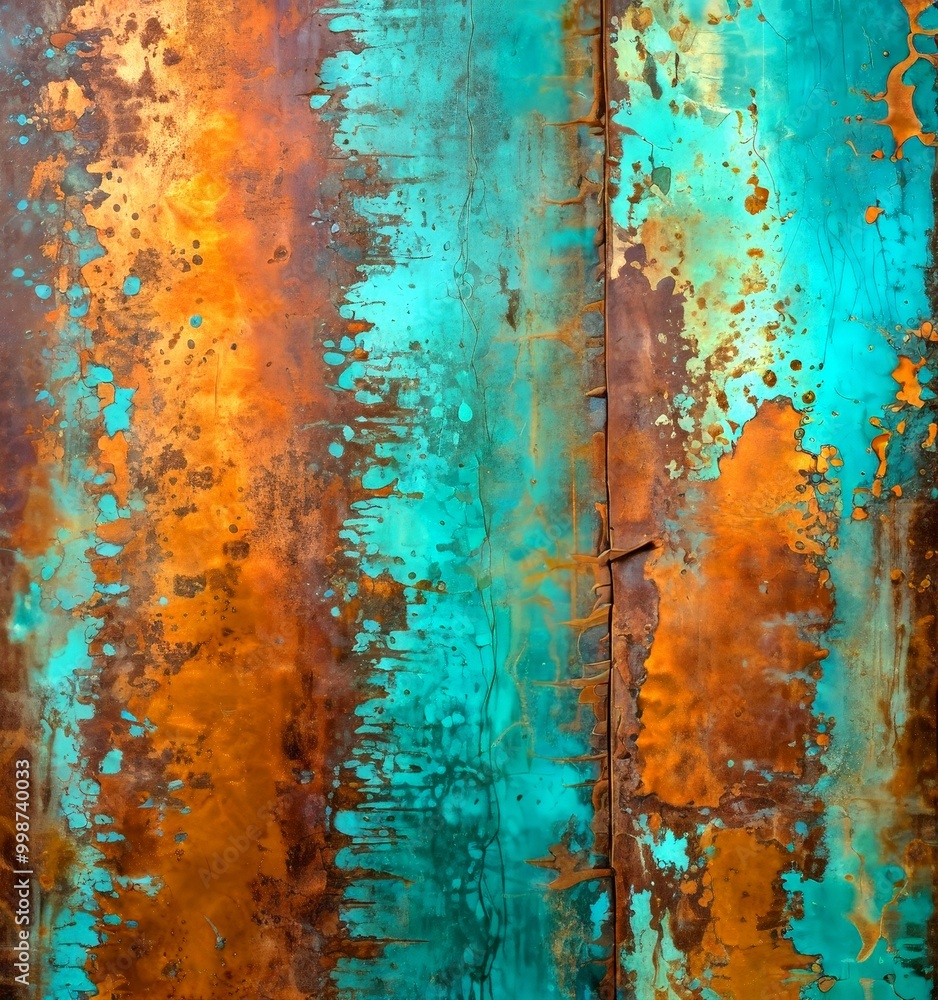 Poster a close-up view textured metal surface with a vibrant color palette of turquoise, brown, and orange 