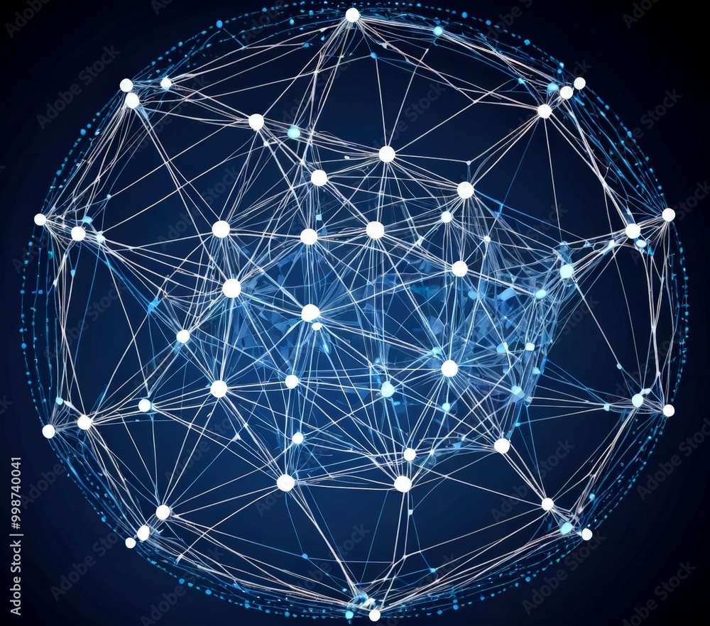 Aufkleber a complex network of interconnected lines and dots, resembling a sphere or a globe, against a dark background