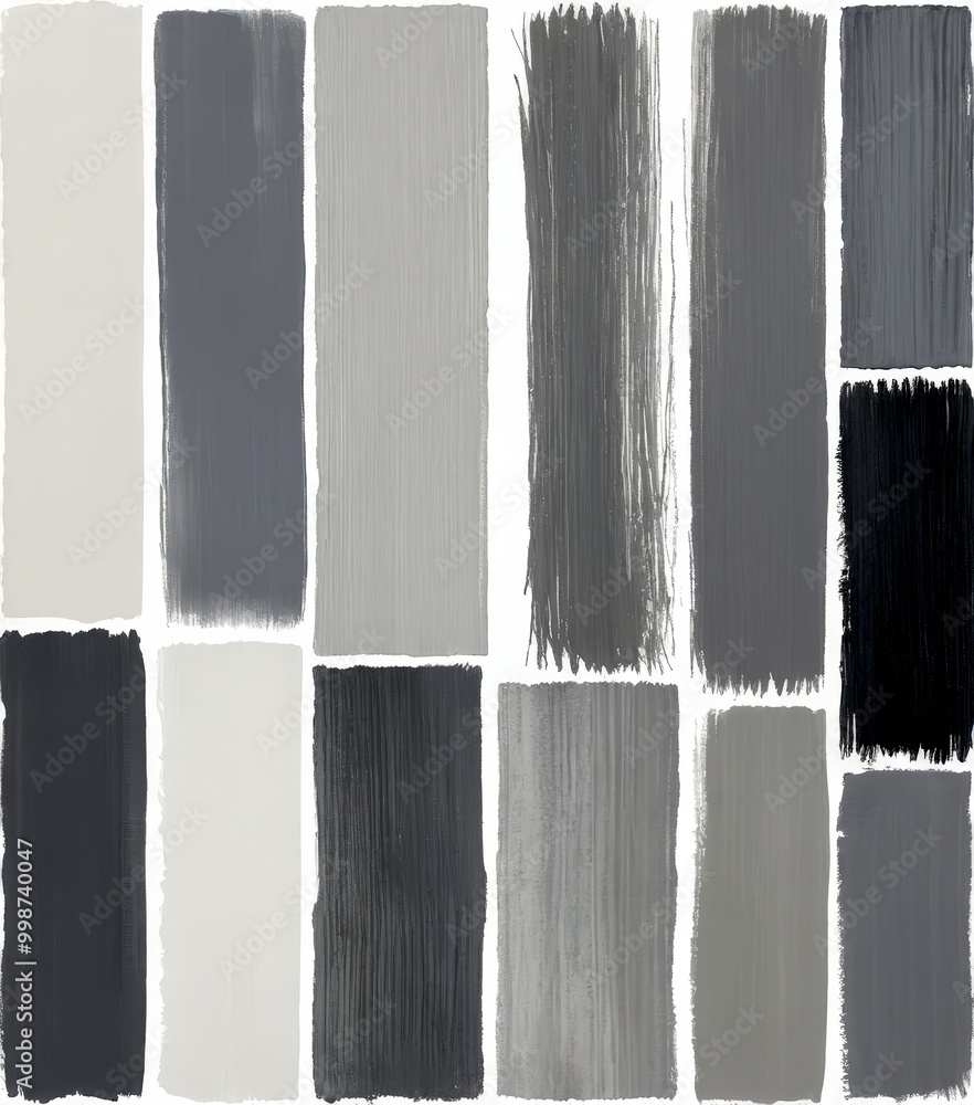 Poster the displays a grid of twelve vertical paint swatches, each varying in color and texture, arranged i