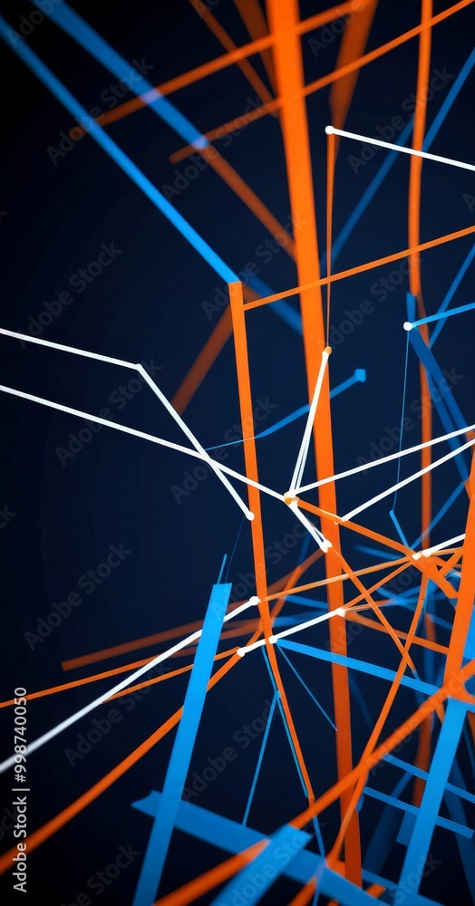 Poster a digital illustration featuring a complex network of intersecting lines and shapes in shades of blue, orange, and white against a dark background