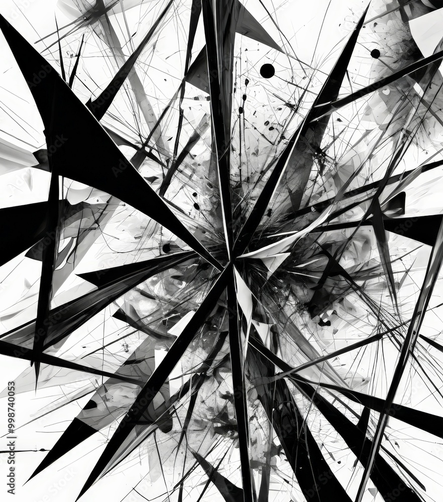 Poster a striking black and white abstract composition featuring a chaotic arrangement of intersecting lines and shapes, creating a sense of depth and complexity