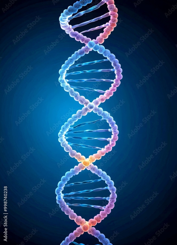 Poster a dna double helix, with the helix composed of colorful spheres and lines, set against a dark blue b