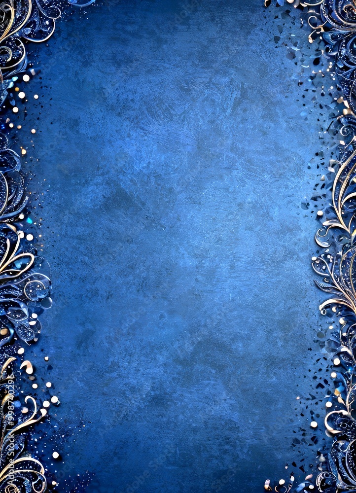 Poster a dark blue background with a decorative border on the left and right sides The border is adorned with intricate gold designs and small gold dots, creating a sense of