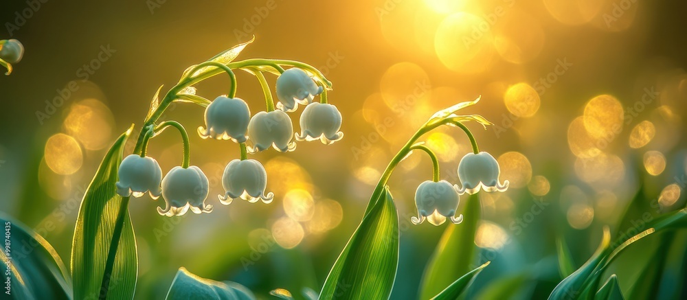 Poster White Lily of the Valley flowers blooming in sunlight.