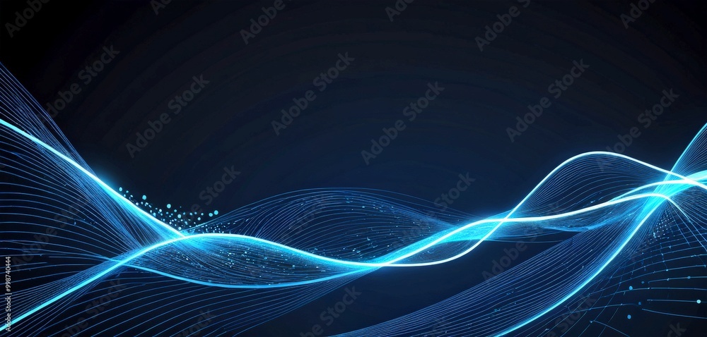 Poster a dark background with a wave-like pattern of blue and white lines and dots, creating a sense of movement and energy