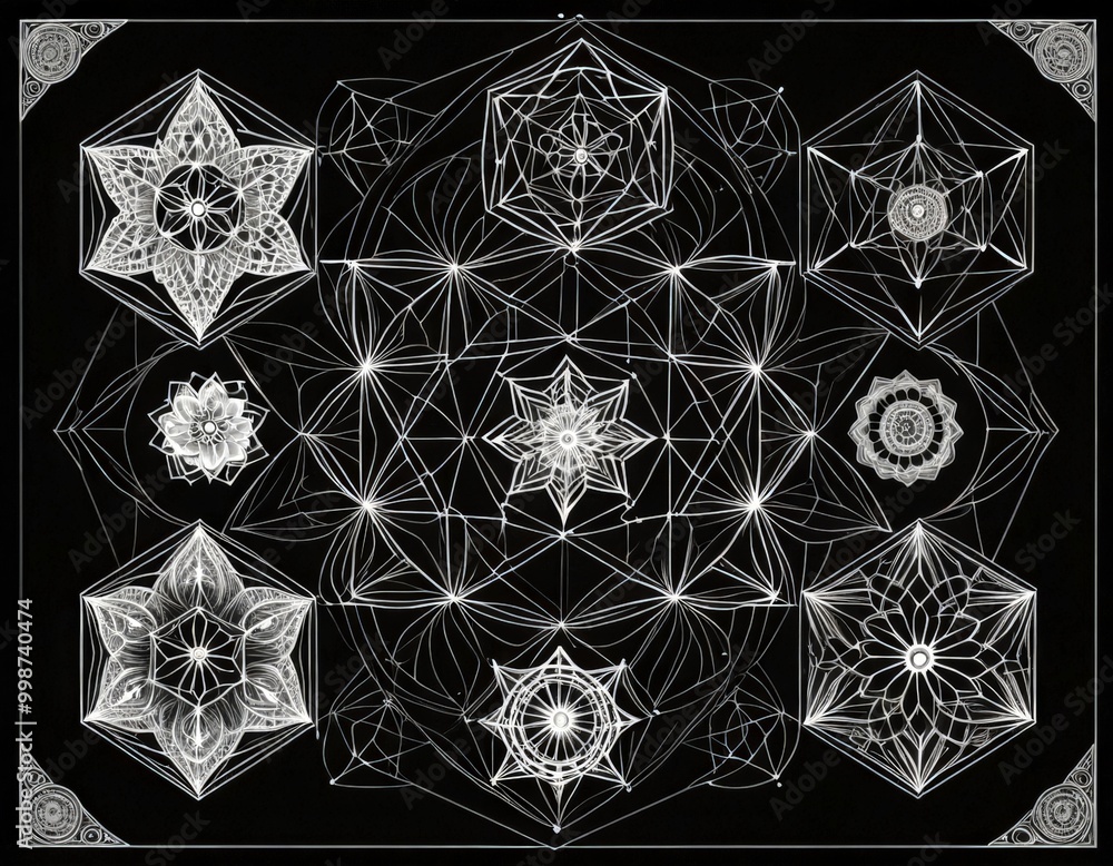 Poster a black and white illustration featuring a complex network of interconnected geometric shapes and patterns, including a star-like design, a flower-like design, and