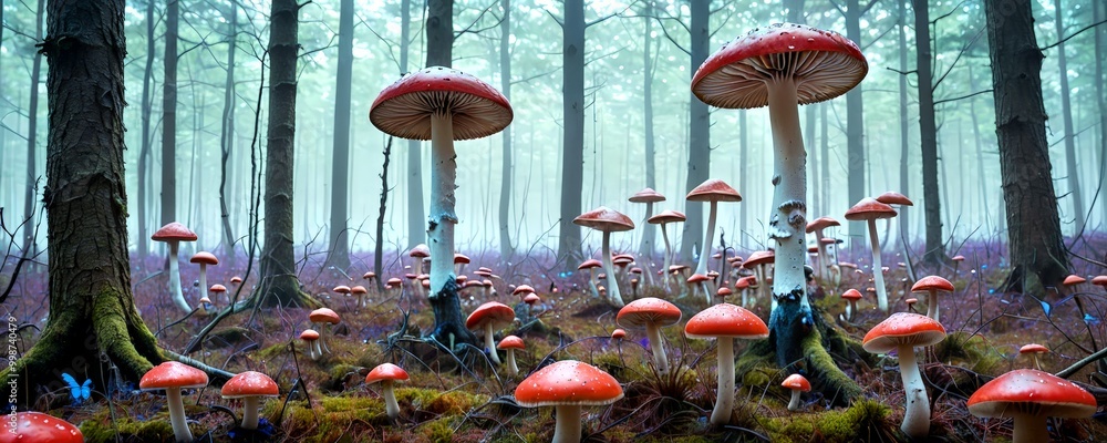 Aufkleber a forest floor covered in red mushrooms, with a few trees and a misty background